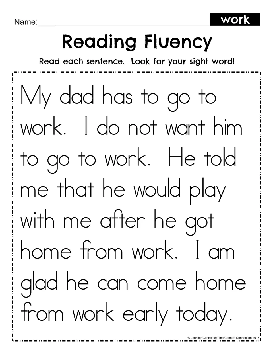 Reading Fluency passage for sight word work: students read about a dad going to work and look for the word in each sentence