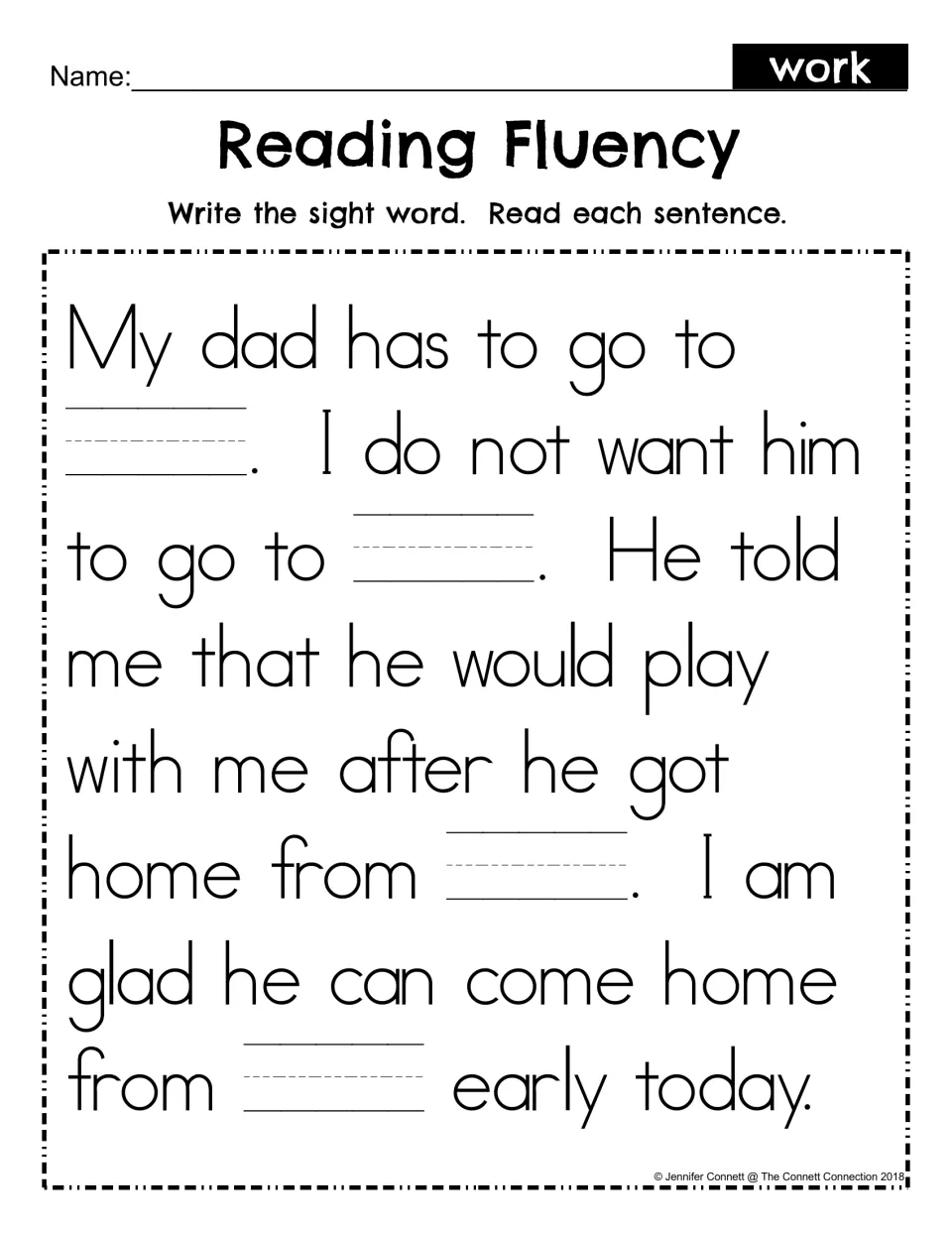 Reading Fluency fill-in: students write the sight word work in four blanks of the dad story, then read each sentence