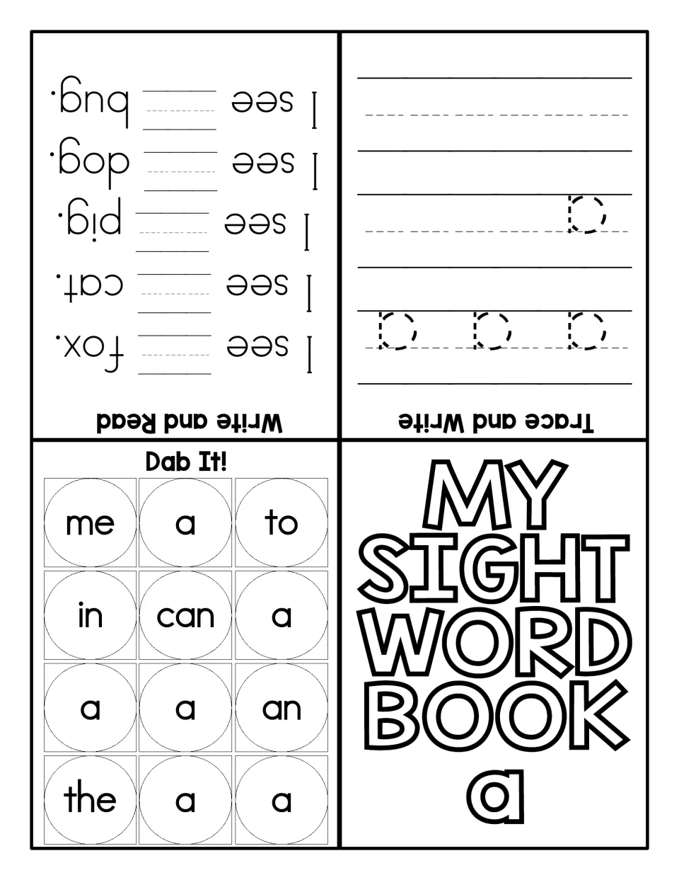 Sight word a booklet, writing version: trace a, dab it in a word grid, then write a in five I see ___ animal sentences
