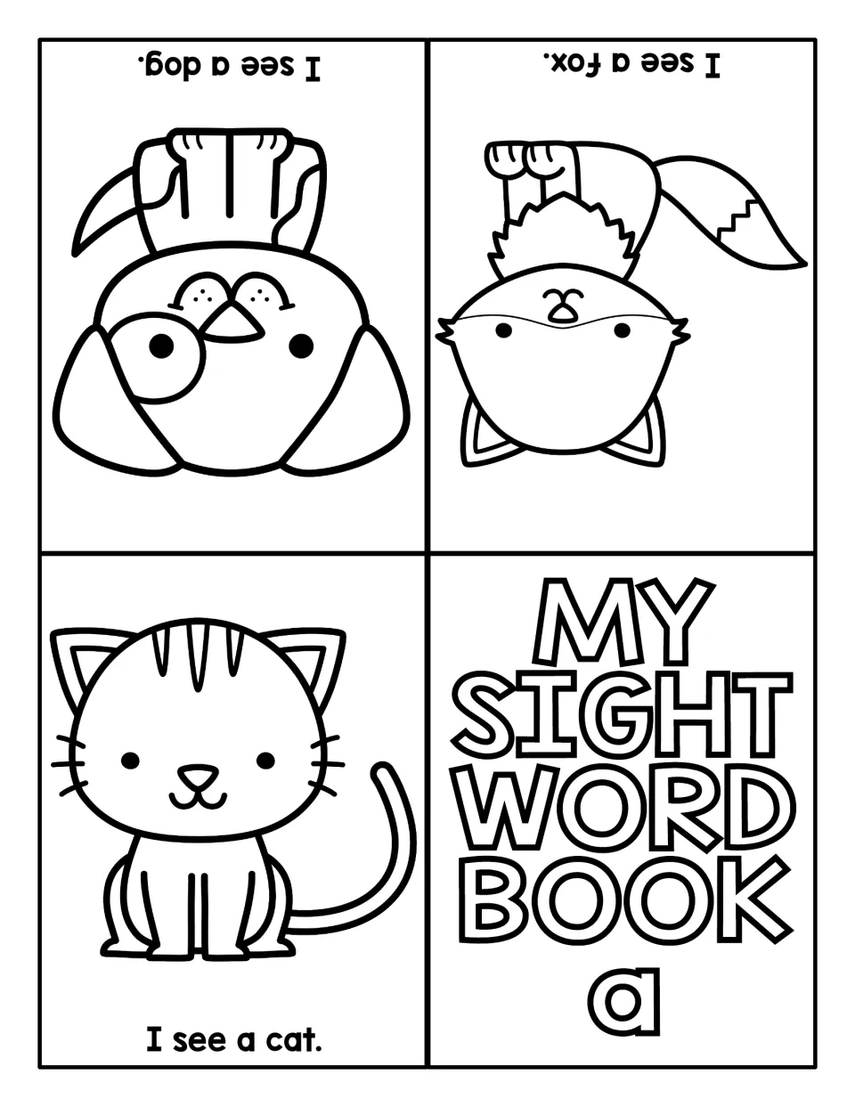 Picture booklet for reading a: My Sight Word Book cover with I see a cat, I see a fox and I see a dog pages to color