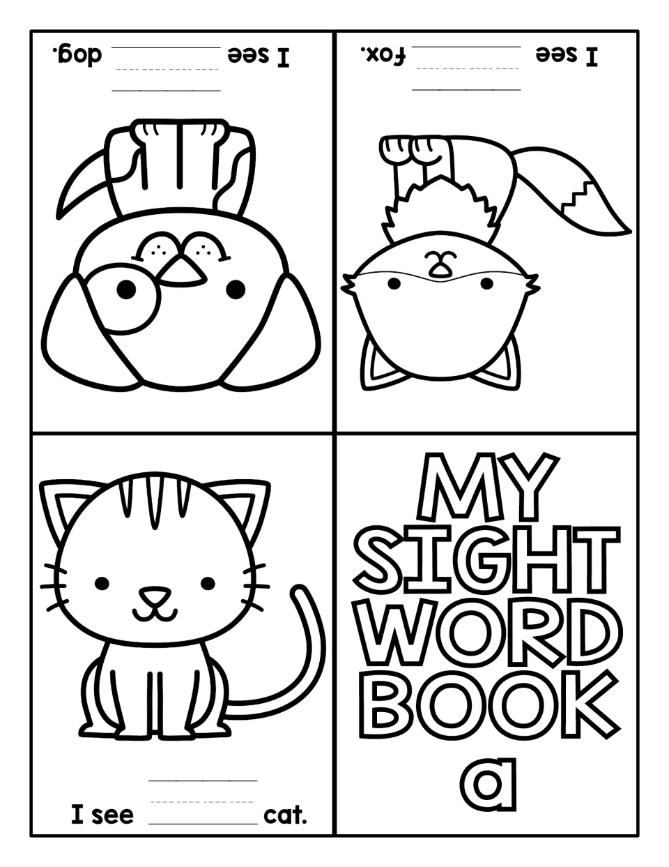Fill-in picture booklet: students write the word a in I see ___ cat, fox and dog sentences under animal drawings to color