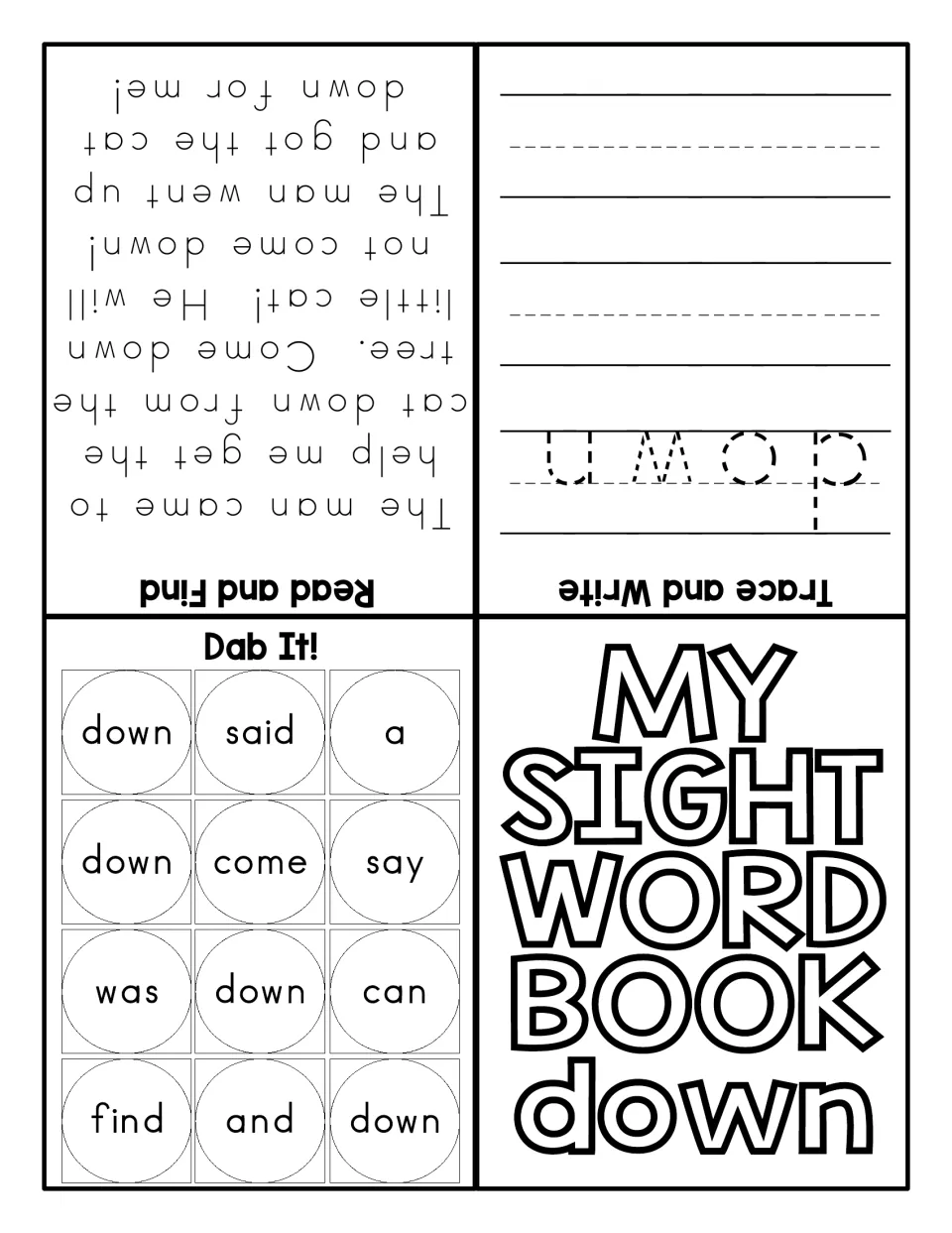 Sight word down foldable: students trace and write down, dab it in a word grid and find it in a cat-in-a-tree story