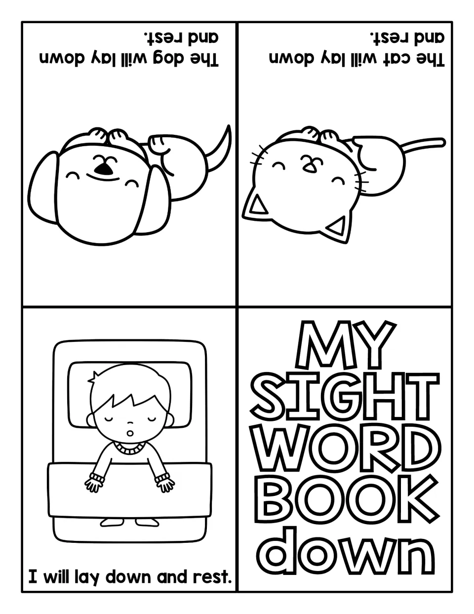 Mini reader for the word down: a child, a cat and a dog each lay down and rest; students read a sentence per picture