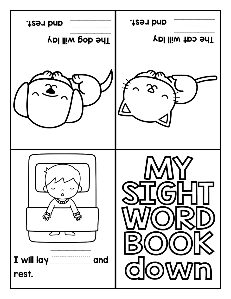 Write-in mini reader for down: students write down to finish sentences about a child, cat and dog resting