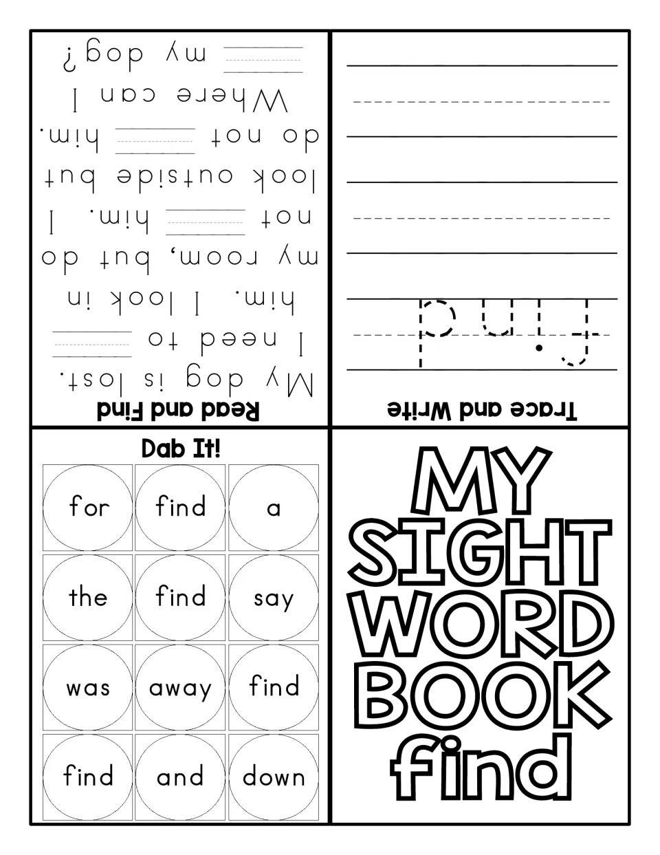 Sight word find foldable, fill-in version: trace find, dab it among the words, and fill find into the lost-dog story