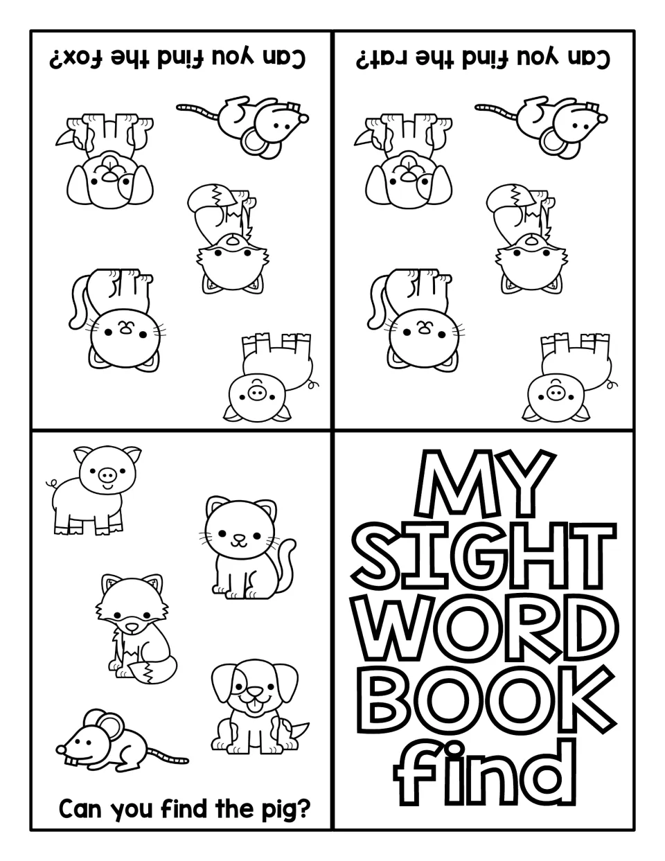 Find mini-book pages: students read Can you find the pig?, the rat? and the fox? and spot each animal among five pictures