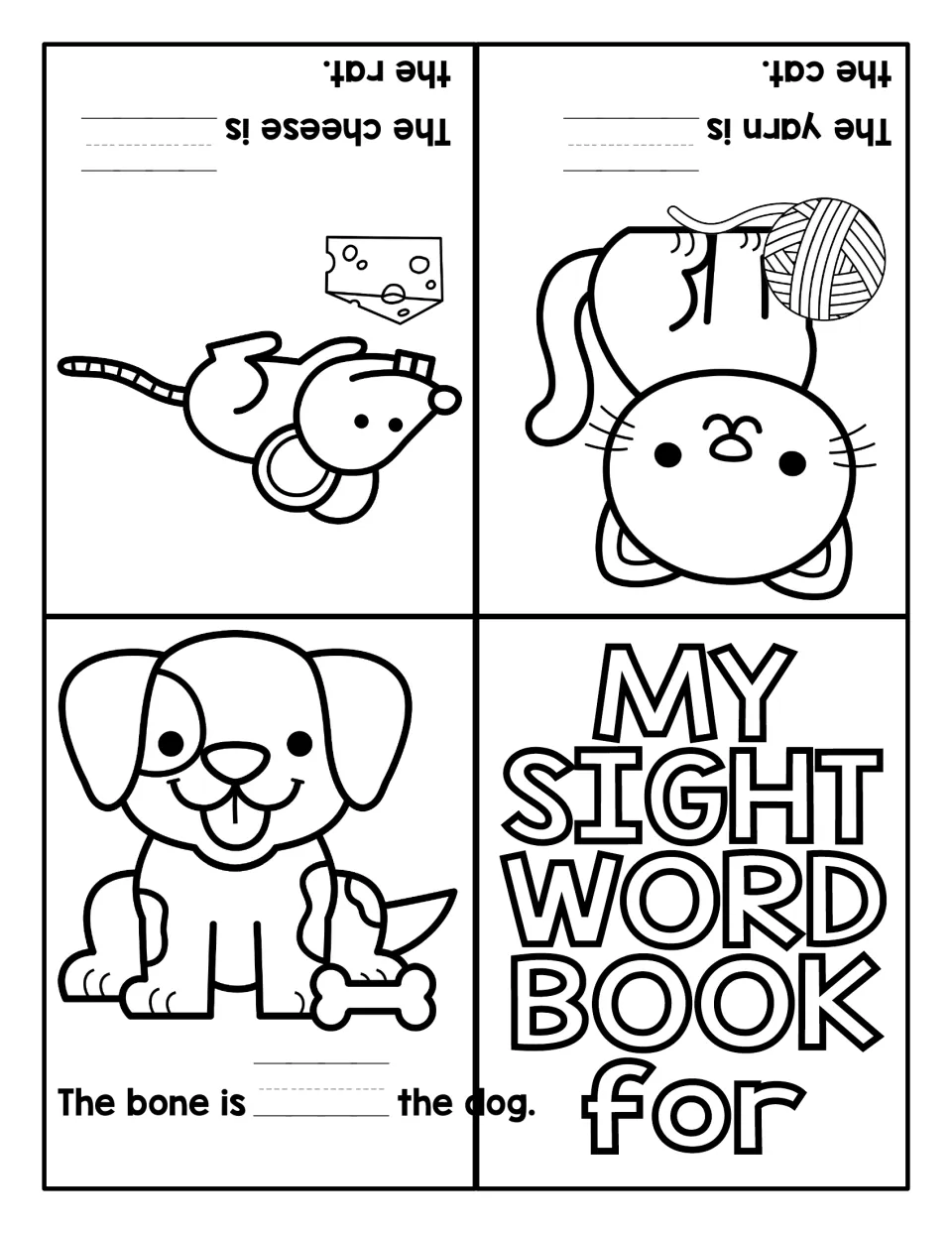 Sight word for mini book, fill-in version: students write for in each pet sentence about a dog, cat and rat, then color