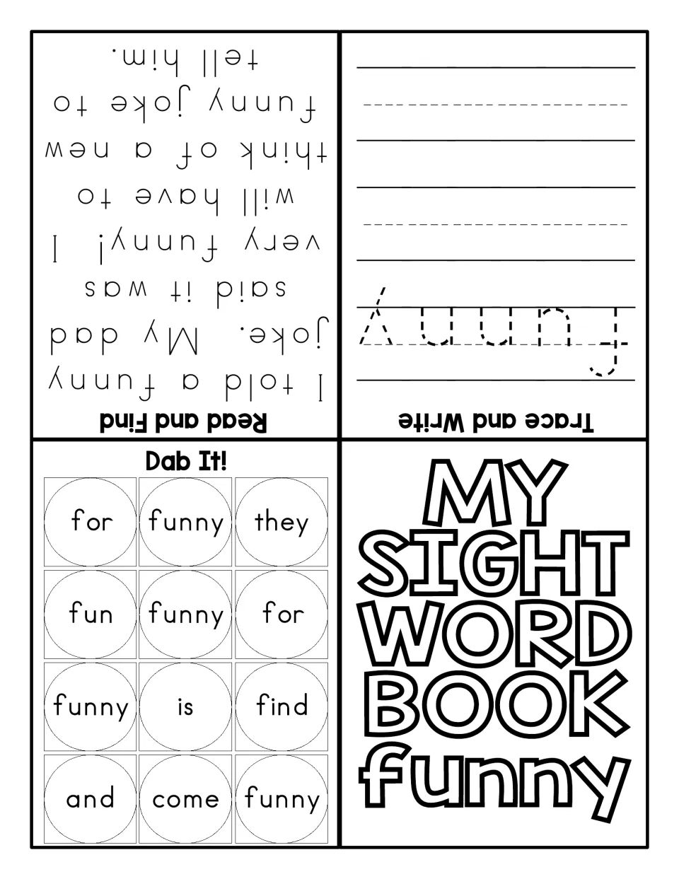 Sight word funny foldable: cover, trace and write, a joke story to read and find the word, and a Dab It! word search