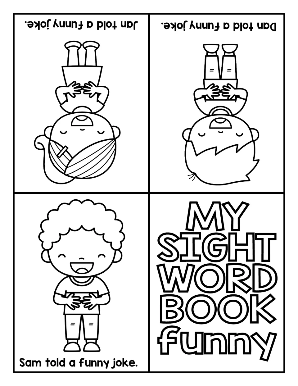 Funny joke mini reader: Sam, Dan and Jan each tell a funny joke, with a laughing child to color on each fold-up page