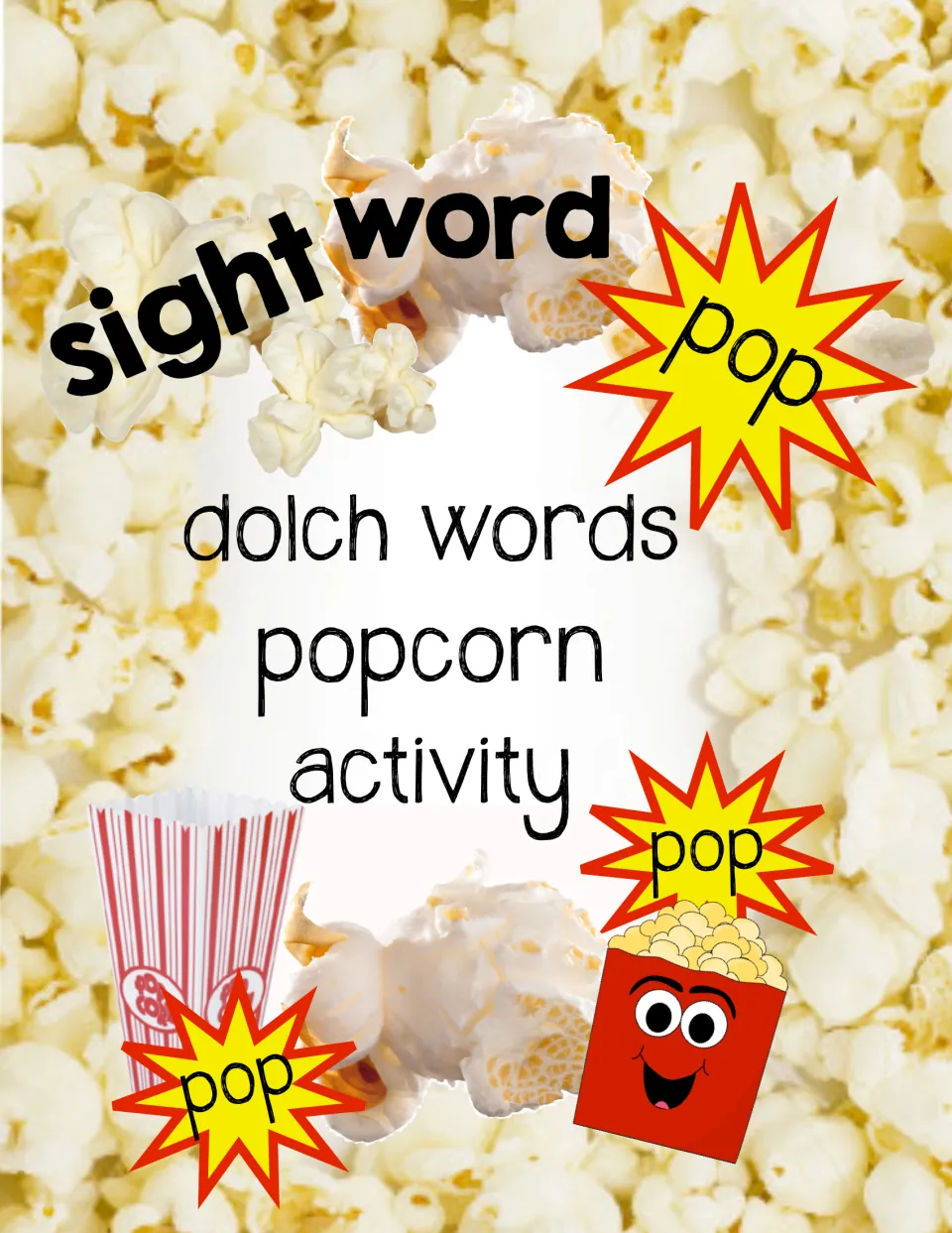 Cover of Sight Word Popcorn Activity, introducing a Dolch word game with popcorn pieces and “pop” cards.