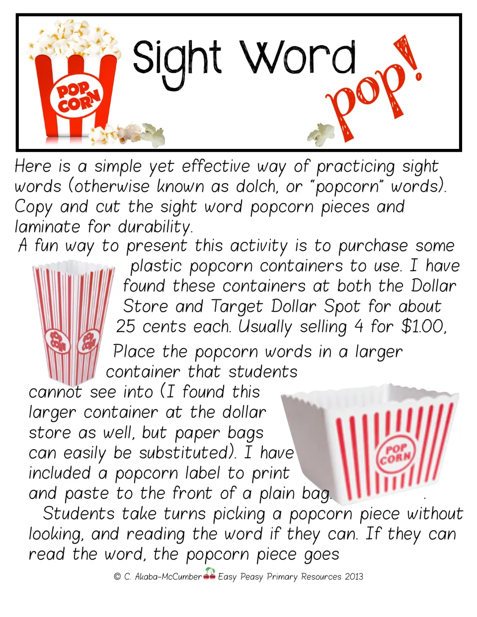 Game instructions explain cutting and laminating sight word pieces, preparing containers, and drawing words.