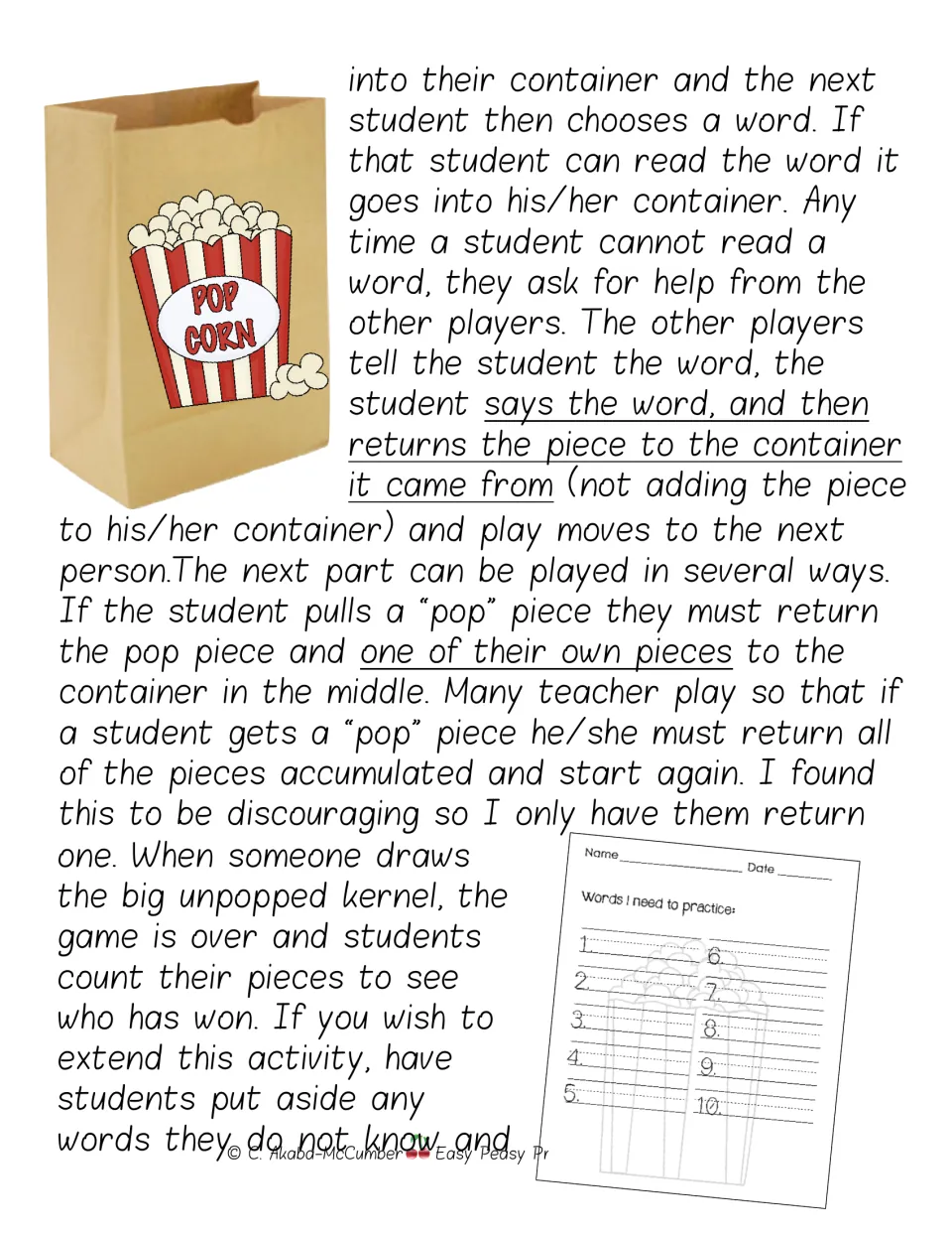 Game rules explain help with unknown words, returning pieces for “pop,” and ending play with an unpopped kernel.