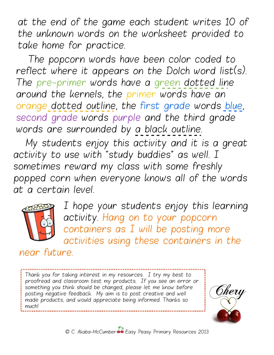 Final instructions explain recording 10 unknown words for home practice and color coding the five Dolch levels.