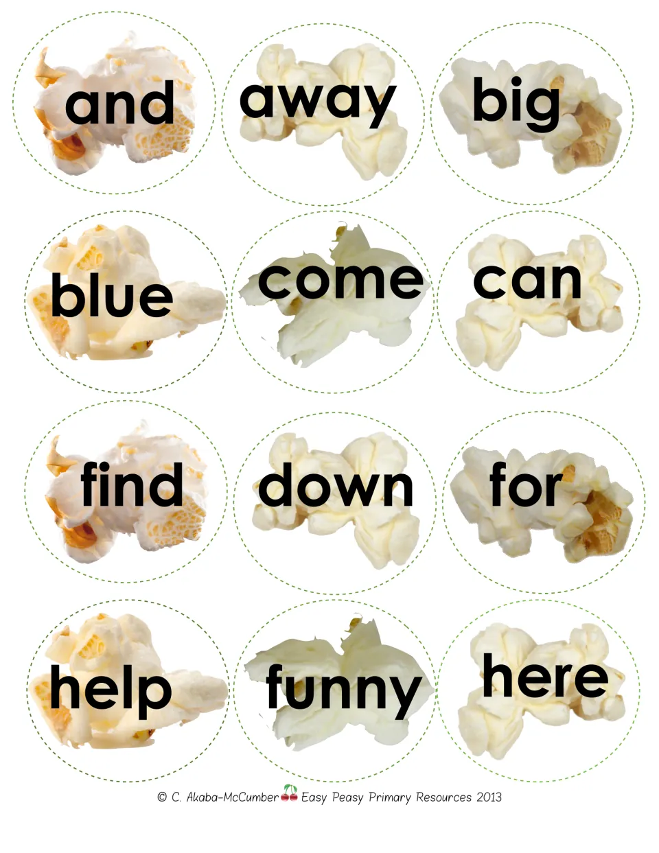 Pre-primer popcorn word cards: and, away, big, blue, come, can, find, down, for, help, funny, and here.