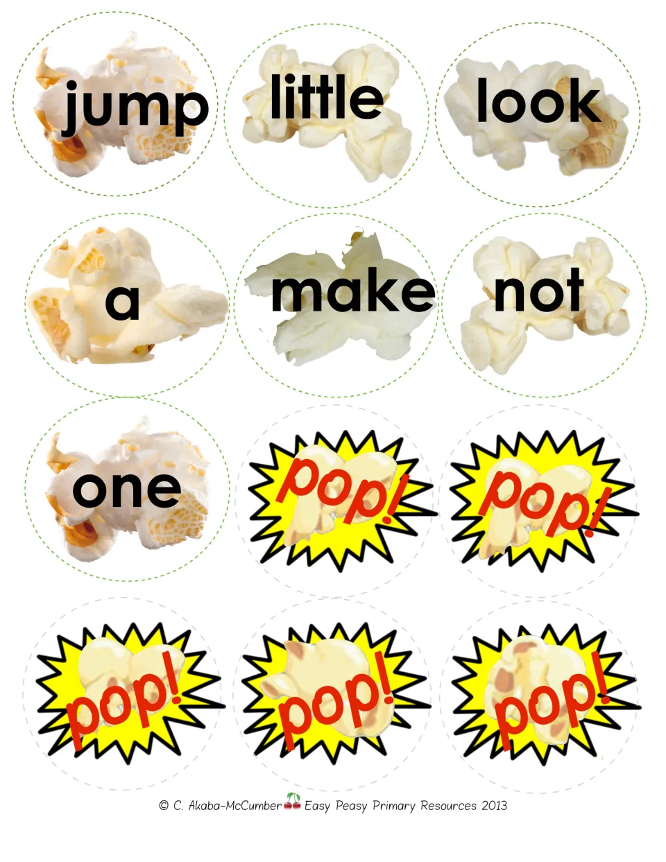 Popcorn game pieces include seven pre-primer words: jump, little, look, a, make, not, one, plus five “pop!” cards.