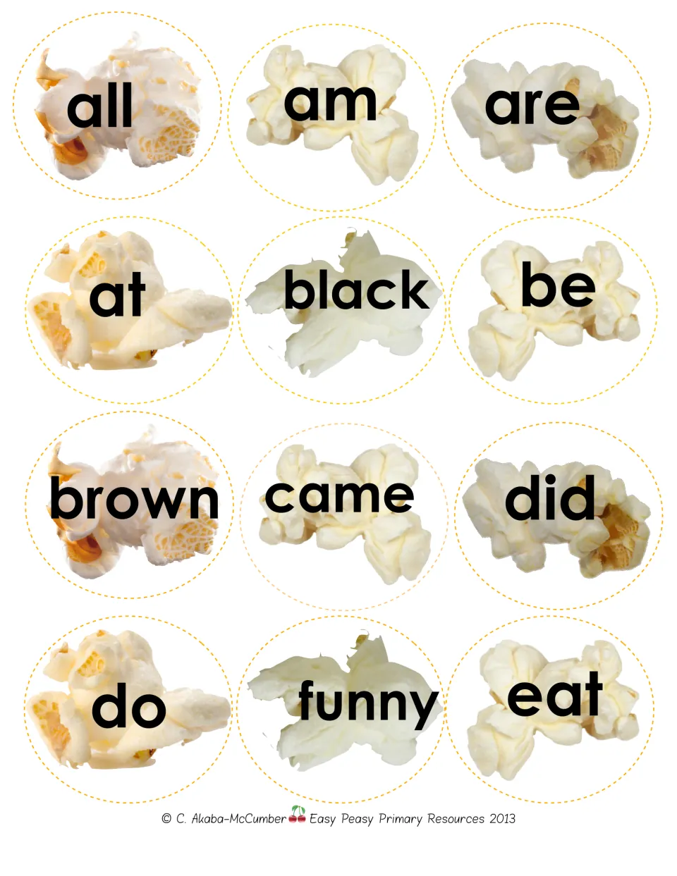Primer popcorn word cards: all, am, are, at, black, be, brown, came, did, do, funny, and eat.