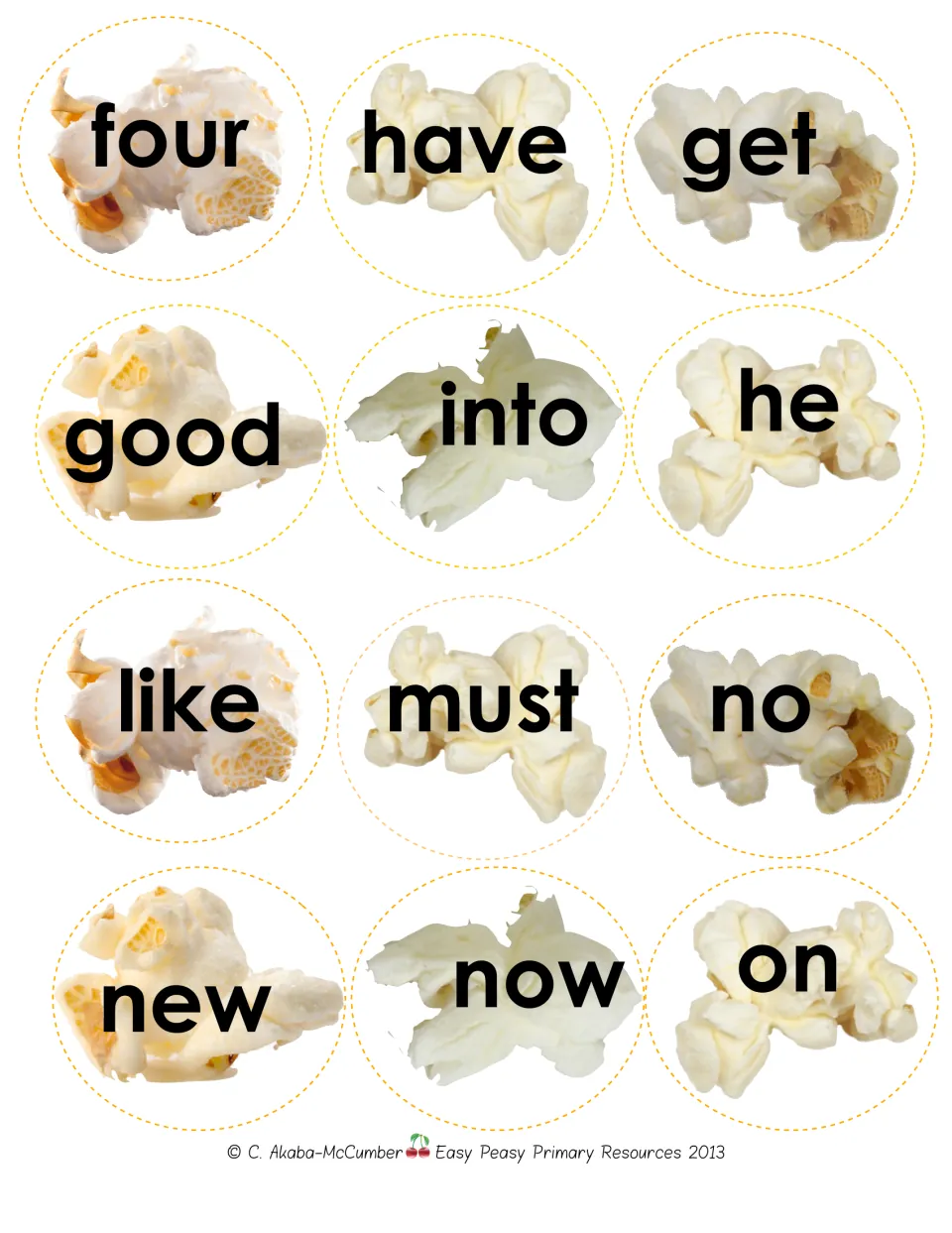 Primer popcorn word cards: four, have, get, good, into, he, like, must, no, new, now, and on.