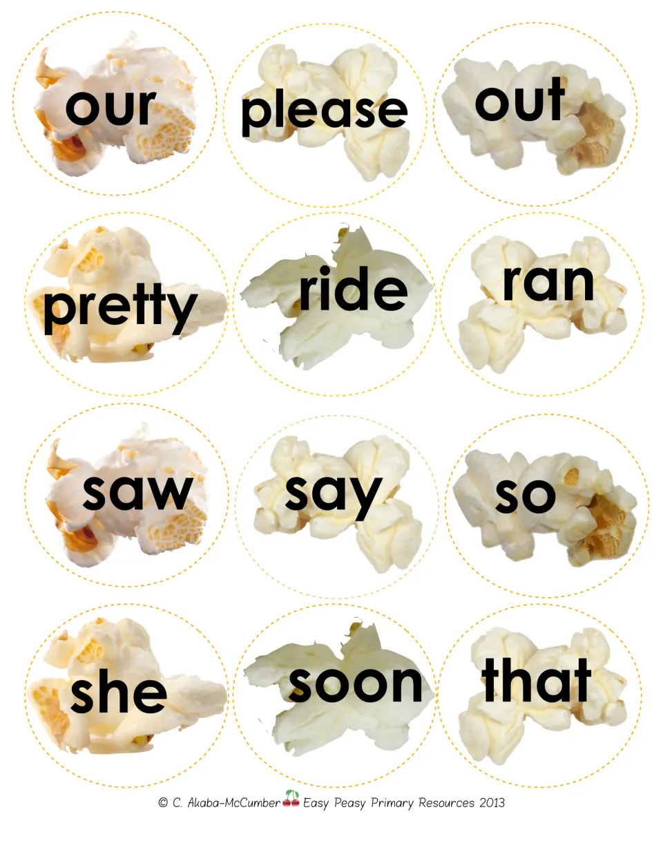 Primer popcorn word cards: our, please, out, pretty, ride, ran, saw, say, so, she, soon, and that.