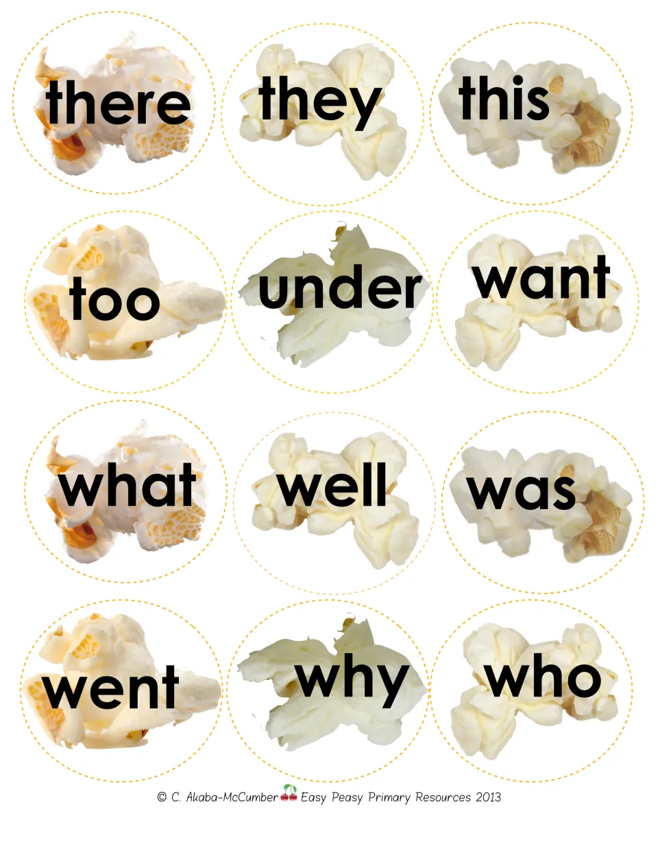 Primer popcorn word cards: there, they, this, too, under, want, what, well, was, went, why, and who.