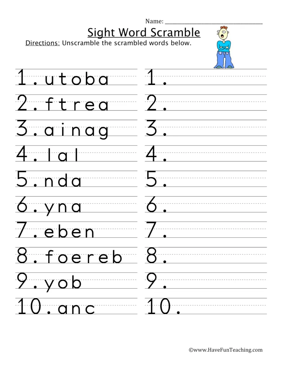 Sight word scramble: students unscramble 10 jumbled words such as utoba, ftrea and ainag and write each word correctly