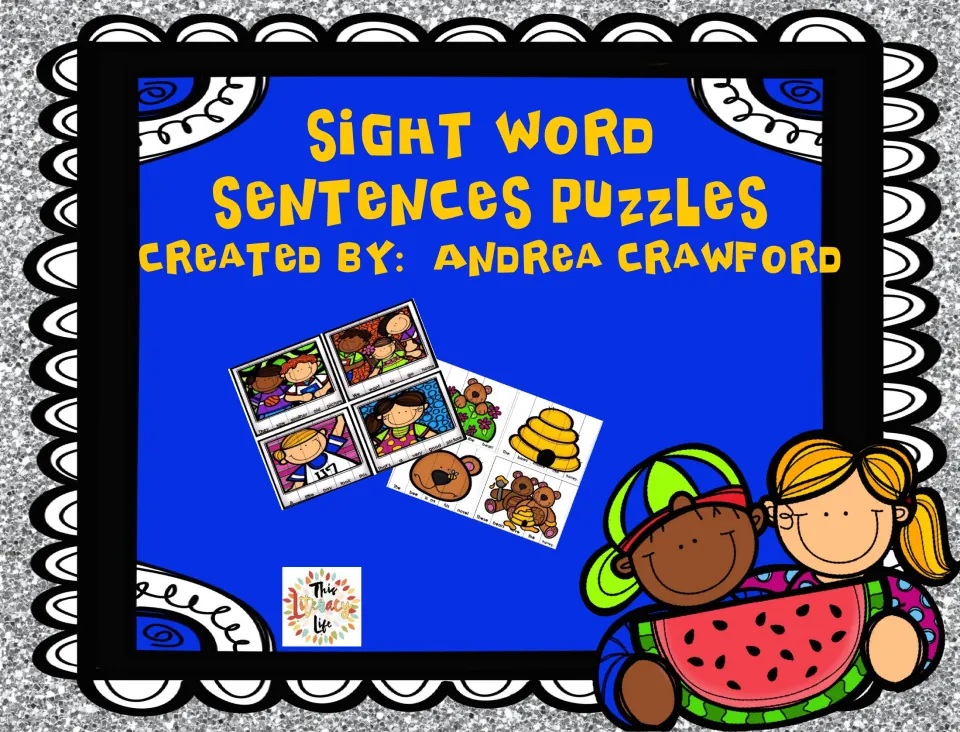 Cover: Sight Word Sentences Puzzles by Andrea Crawford, showing bear, beehive and kid picture puzzles cut into strips
