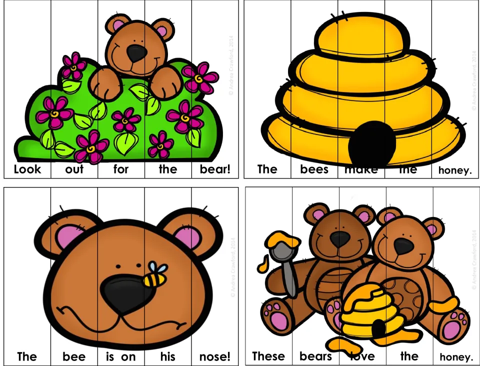 Bear and bee puzzles: students order five sight-word strips to build sentences such as 'Look out for the bear!'
