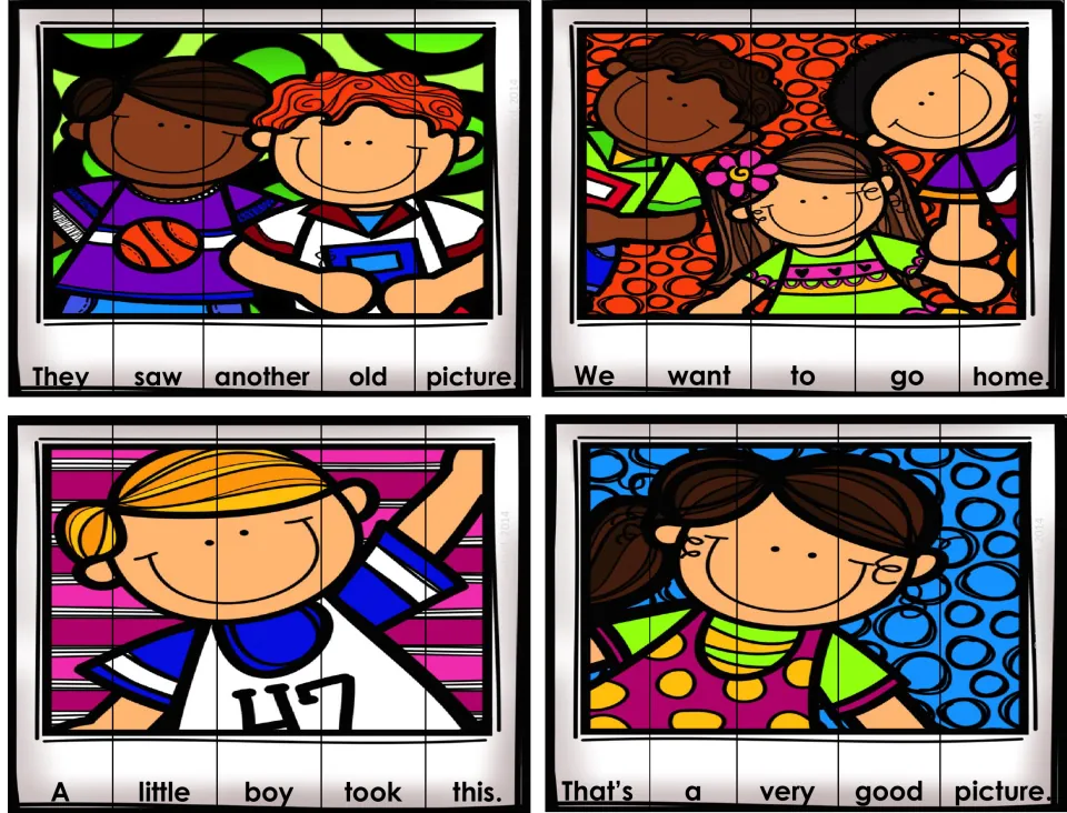Kids' photo puzzles: students order word strips into sentences like 'We want to go home.' and 'A little boy took this.'