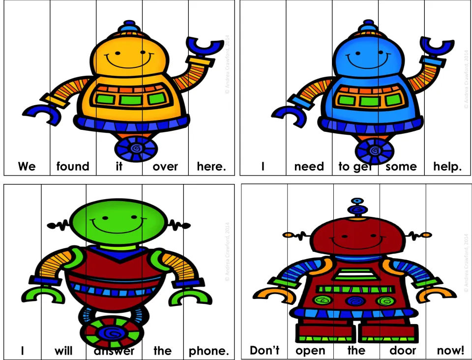 Robot puzzles: students order word strips to build 'We found it over here.', 'I need to get some help.' and two more