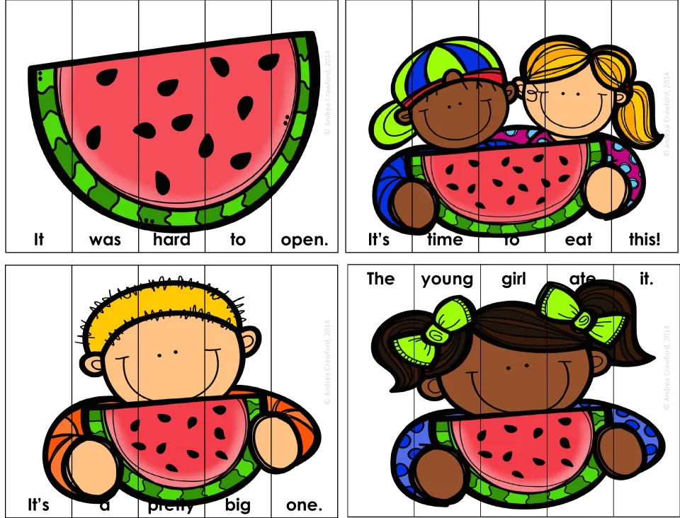 Watermelon puzzles: students sequence strips into sentences like 'It was hard to open.' and 'The young girl ate it.'