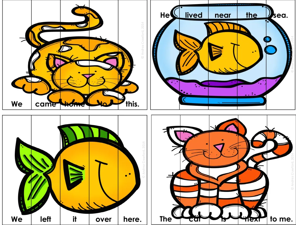 Cat and fish puzzles: students arrange strips to read 'He lived near the sea.', 'The cat is next to me.' and two others