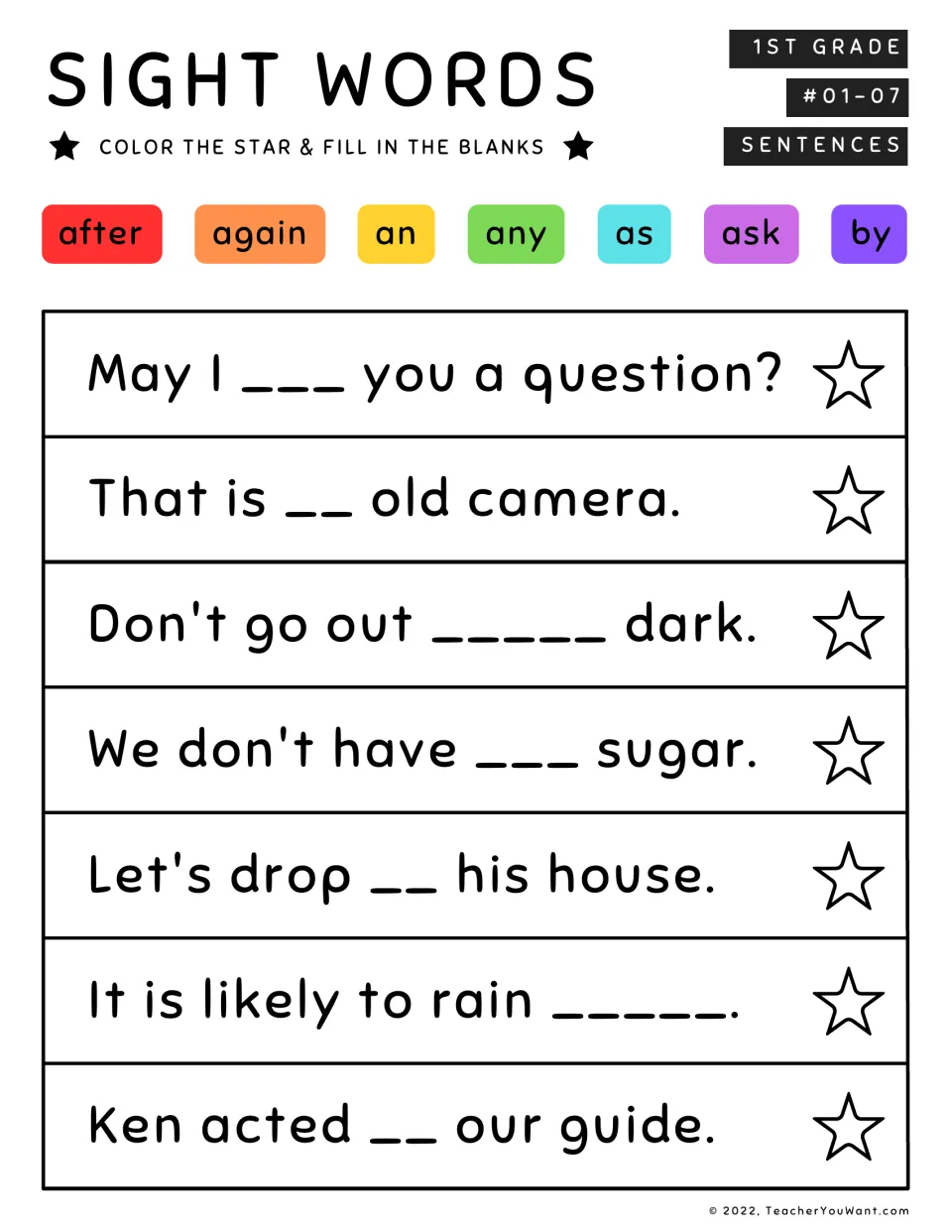 Sight words #01-07: students fill 7 sentence blanks using after, again, an, any, as, ask and by, then color each star