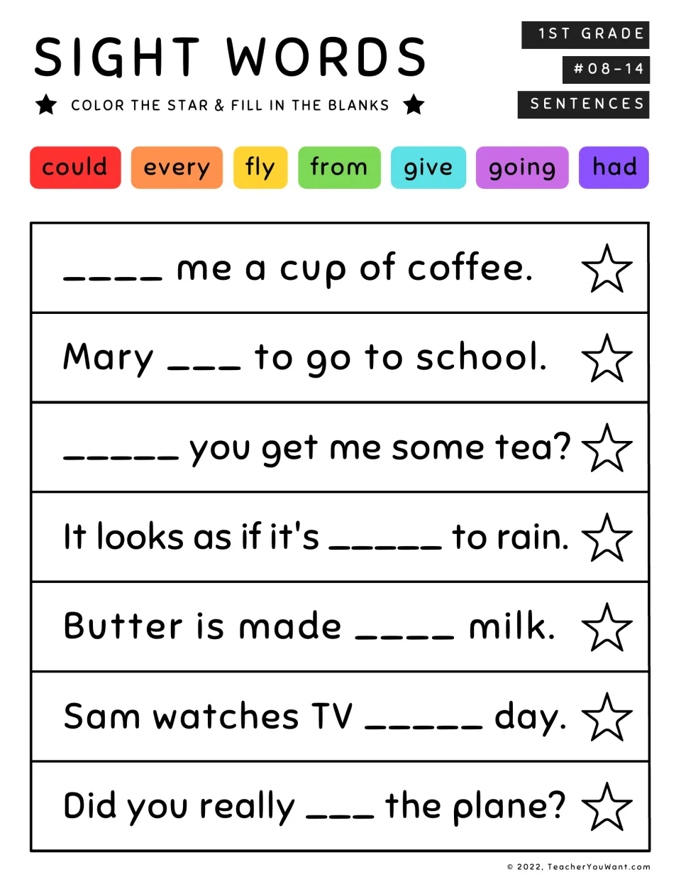Sight words #08-14: students complete 7 sentences with could, every, fly, from, give, going or had and color the stars