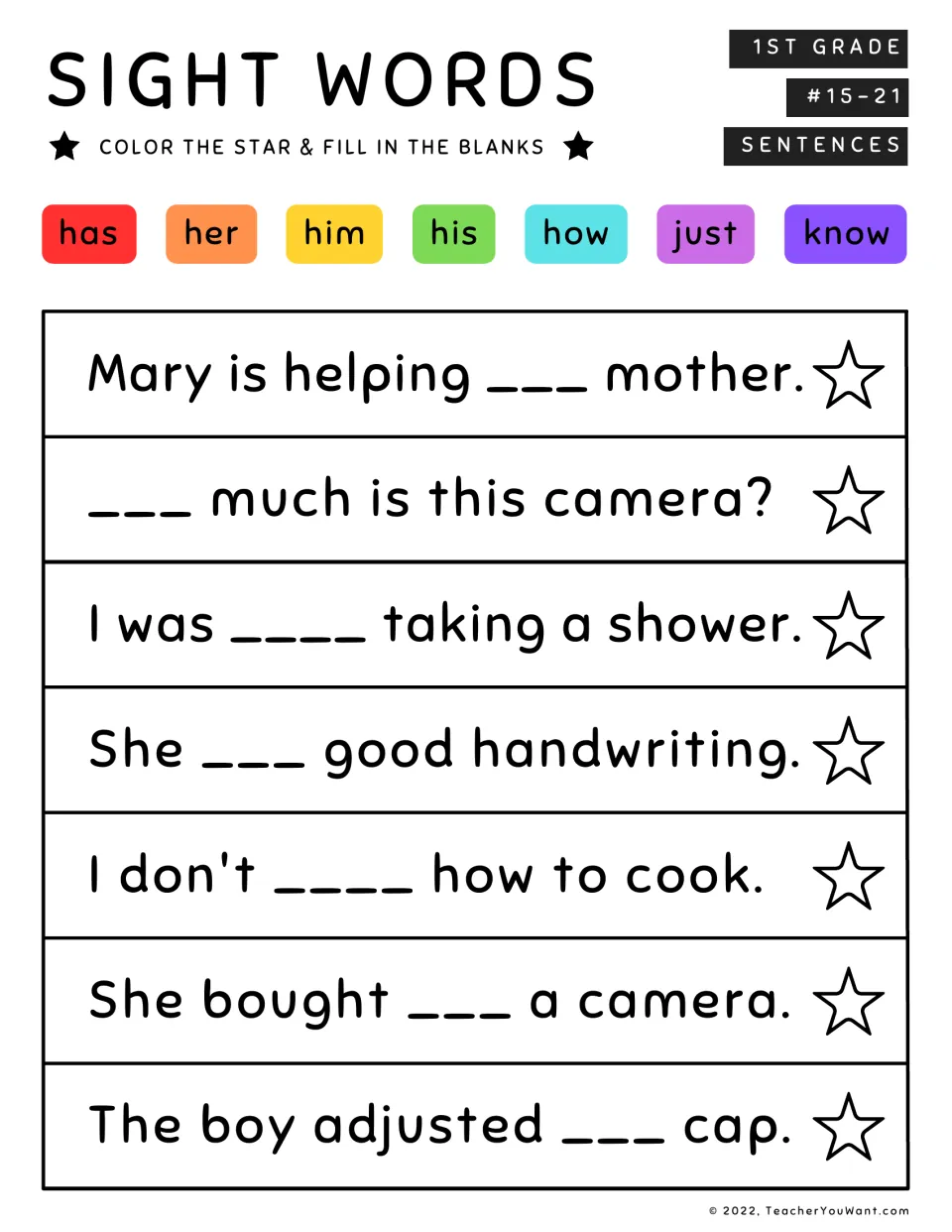 Sight words #15-21: fill-in-the-blank sentences using has, her, him, his, how, just and know; a star to color per line