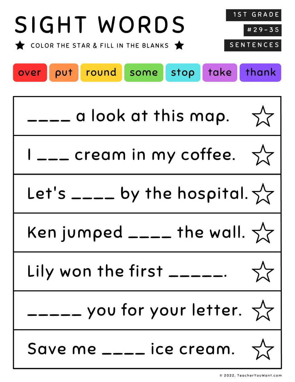 Sight words #29-35: 7 sentences to complete with over, put, round, some, stop, take and thank, coloring a star for each
