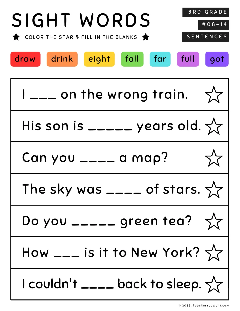 Sight words #08-14: students fill 7 blanks with draw, drink, eight, fall, far, full and got, then color each star