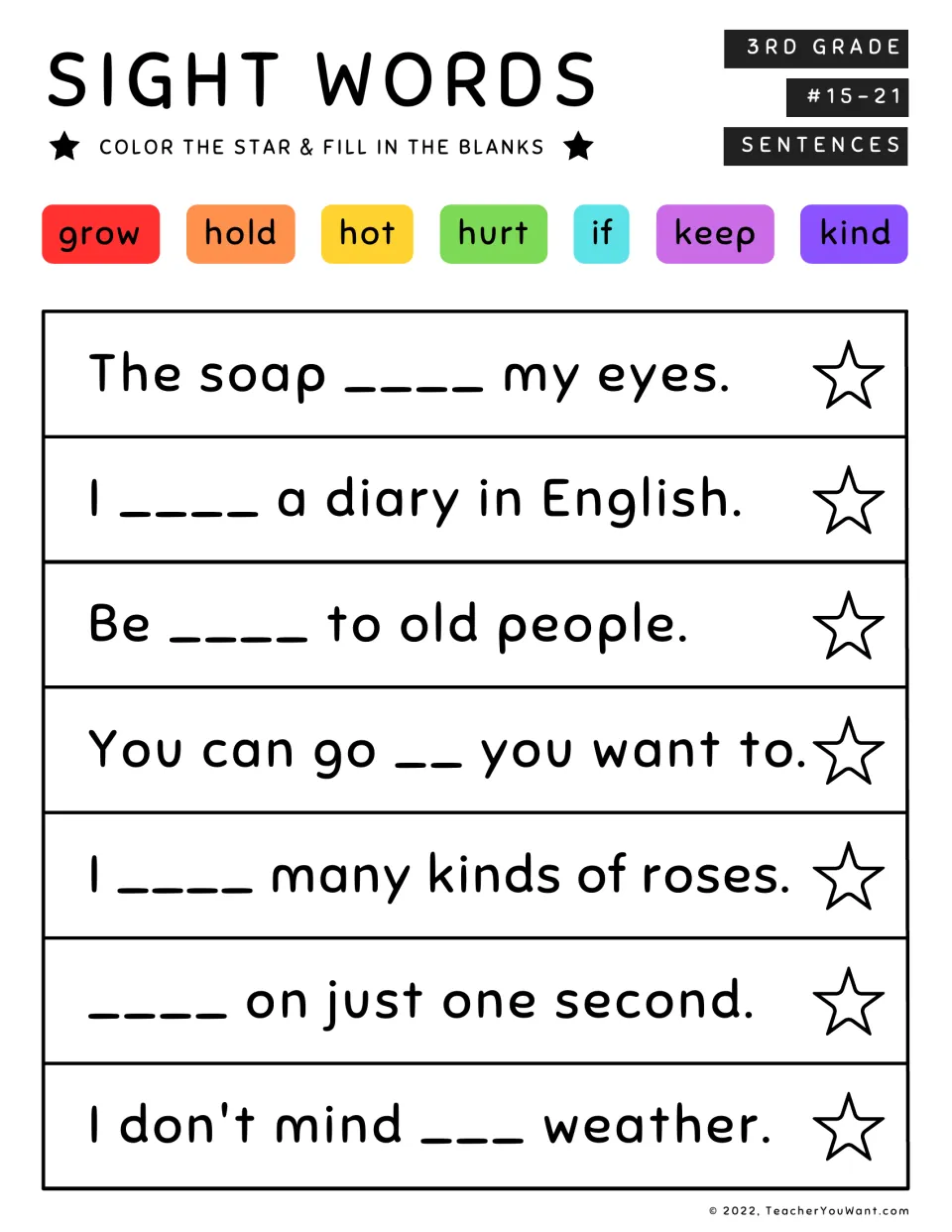 Sight words #15-21: students complete 7 sentences using grow, hold, hot, hurt, if, keep and kind, then color each star
