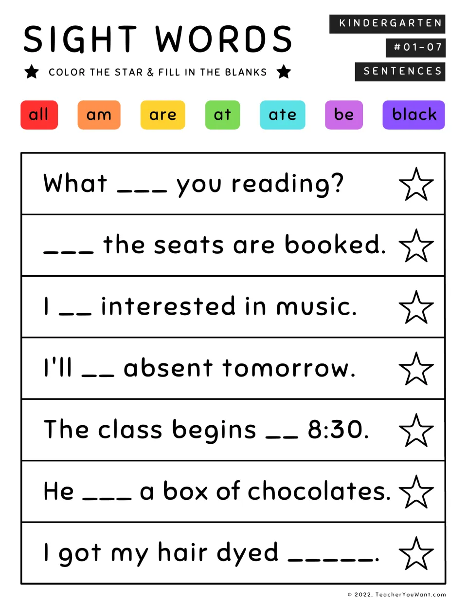 Sight words #01-07: students fill 7 sentence blanks using all, am, are, at, ate, be or black, then color each star