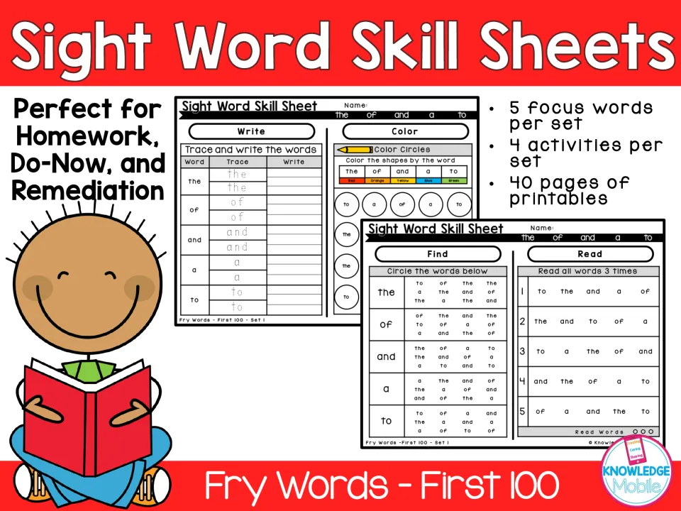 Sight Word Skill Sheets cover, Fry Words First 100: sample Write, Color, Find and Read pages; 5 focus words per set