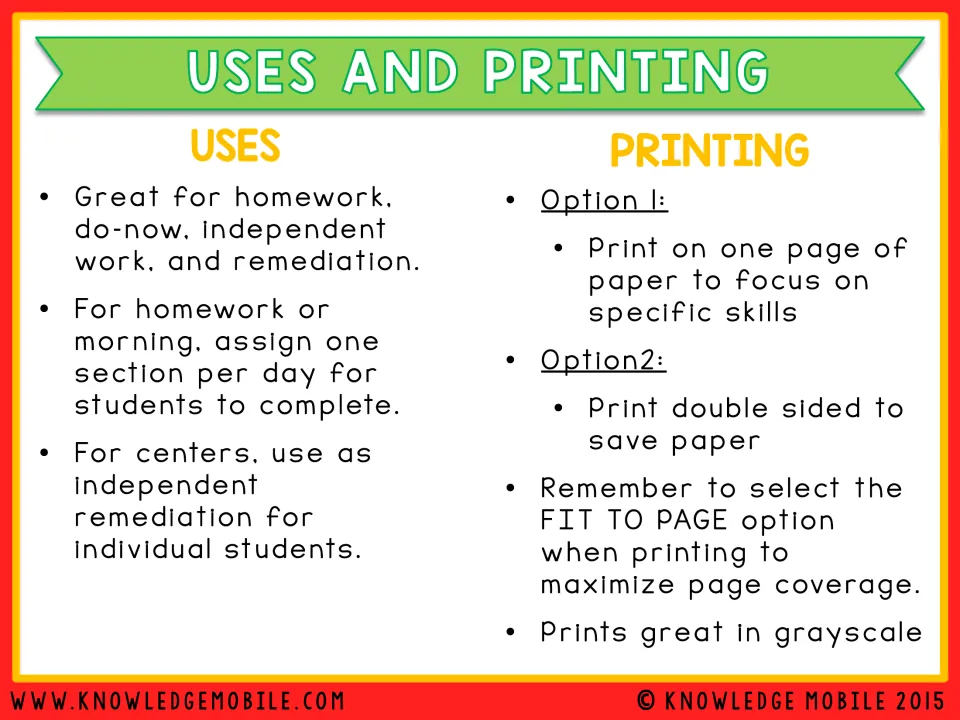 Uses and printing notes: homework, do-now, centers and remediation; single or double-sided and fit-to-page tips