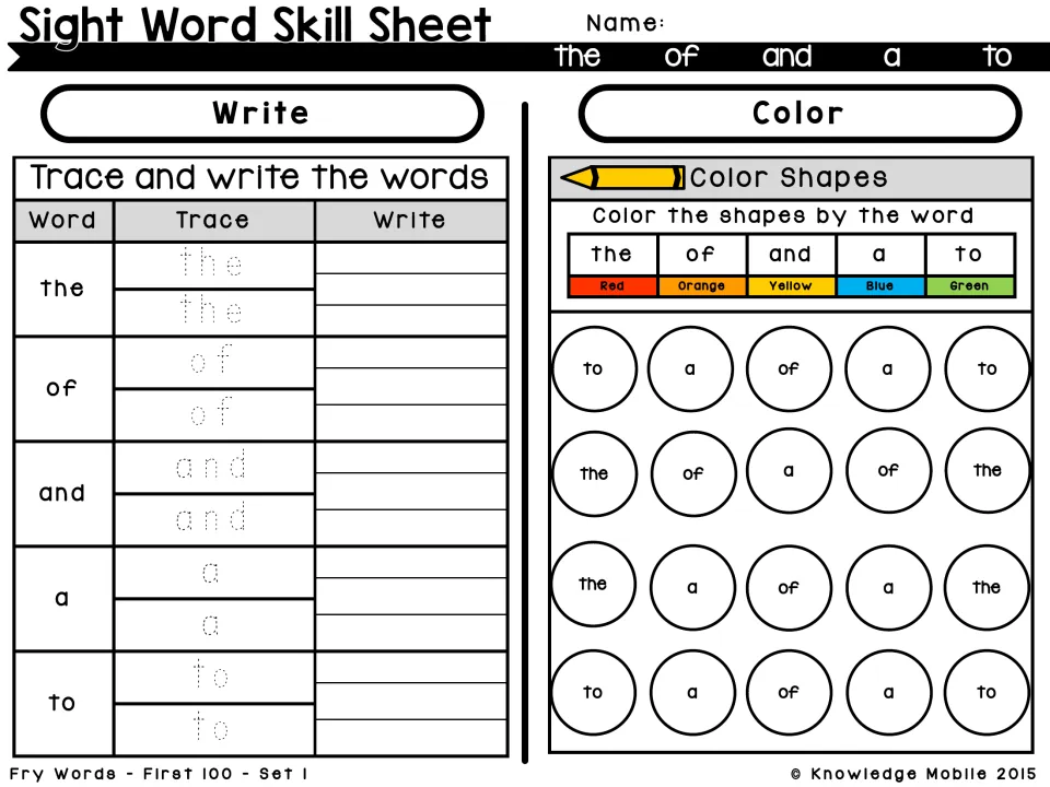 Set 1 words the, of, and, a, to: students trace and write each word, then color circles by word using a color key