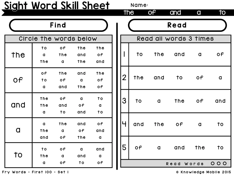 Set 1 words the, of, and, a, to: students circle each target word among mixed words, then read five rows three times