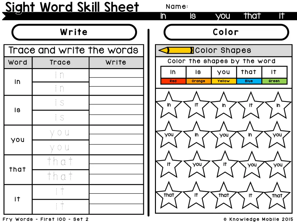 Set 2 words in, is, you, that, it: students trace and write each word, then color stars by word following a color key