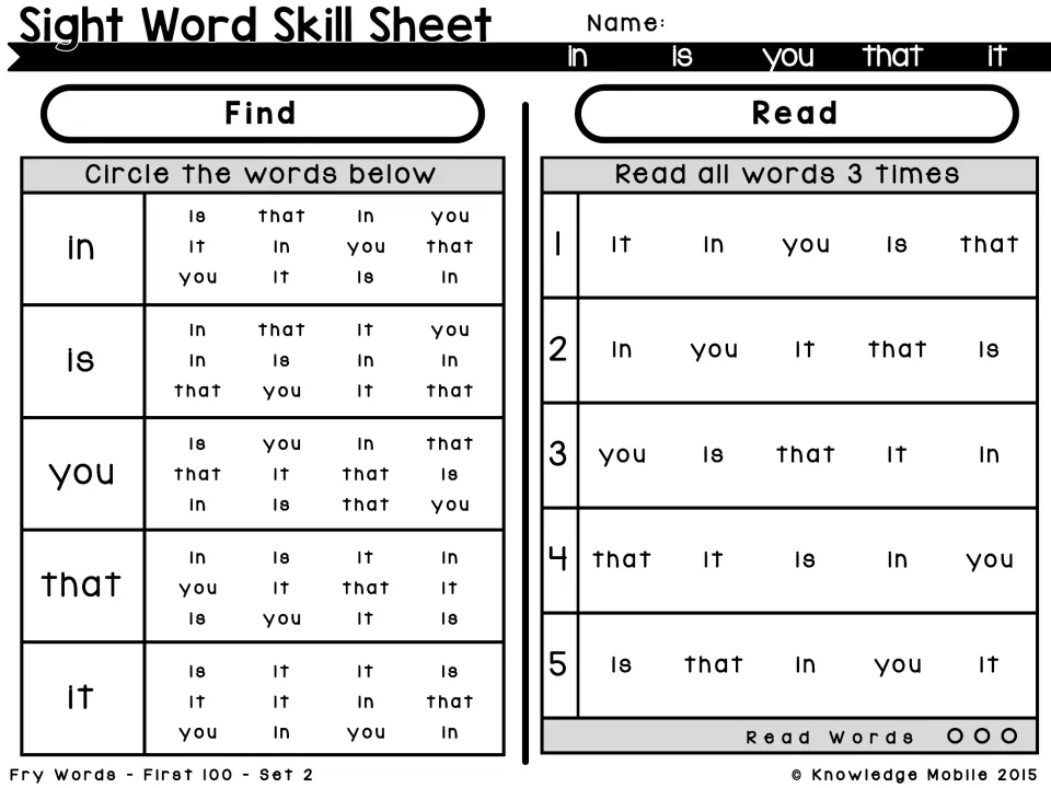 Set 2 words in, is, you, that, it: students find and circle each word in mixed groups, then read word rows 3 times