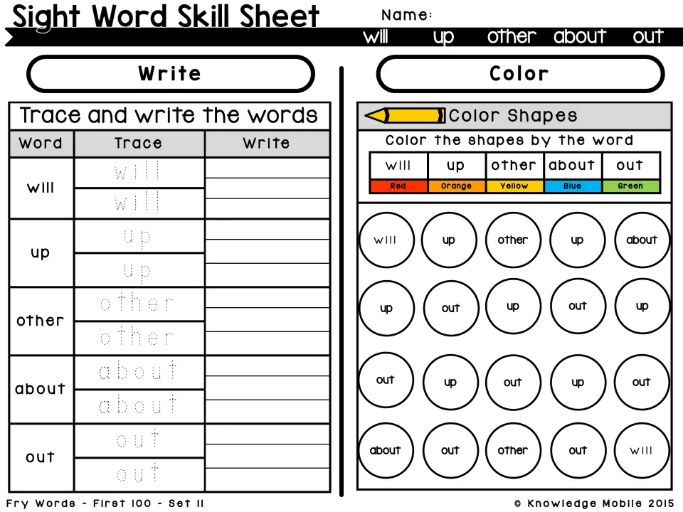 Set 11 words will, up, other, about, out: students trace and write each word, then color circles to match a color key