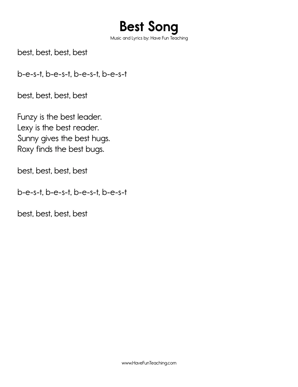 Lyric sheet for the sight word best, with repeated spelling and sentences about Funzy, Lexy, Sunny, and Roxy.