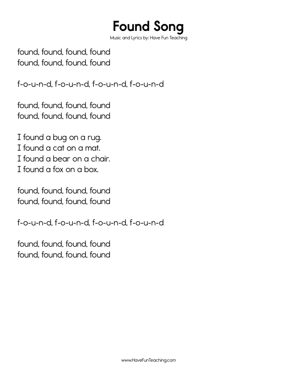 Lyric sheet for the sight word found, with repeated words, f-o-u-n-d spelling, and four animal sentences.