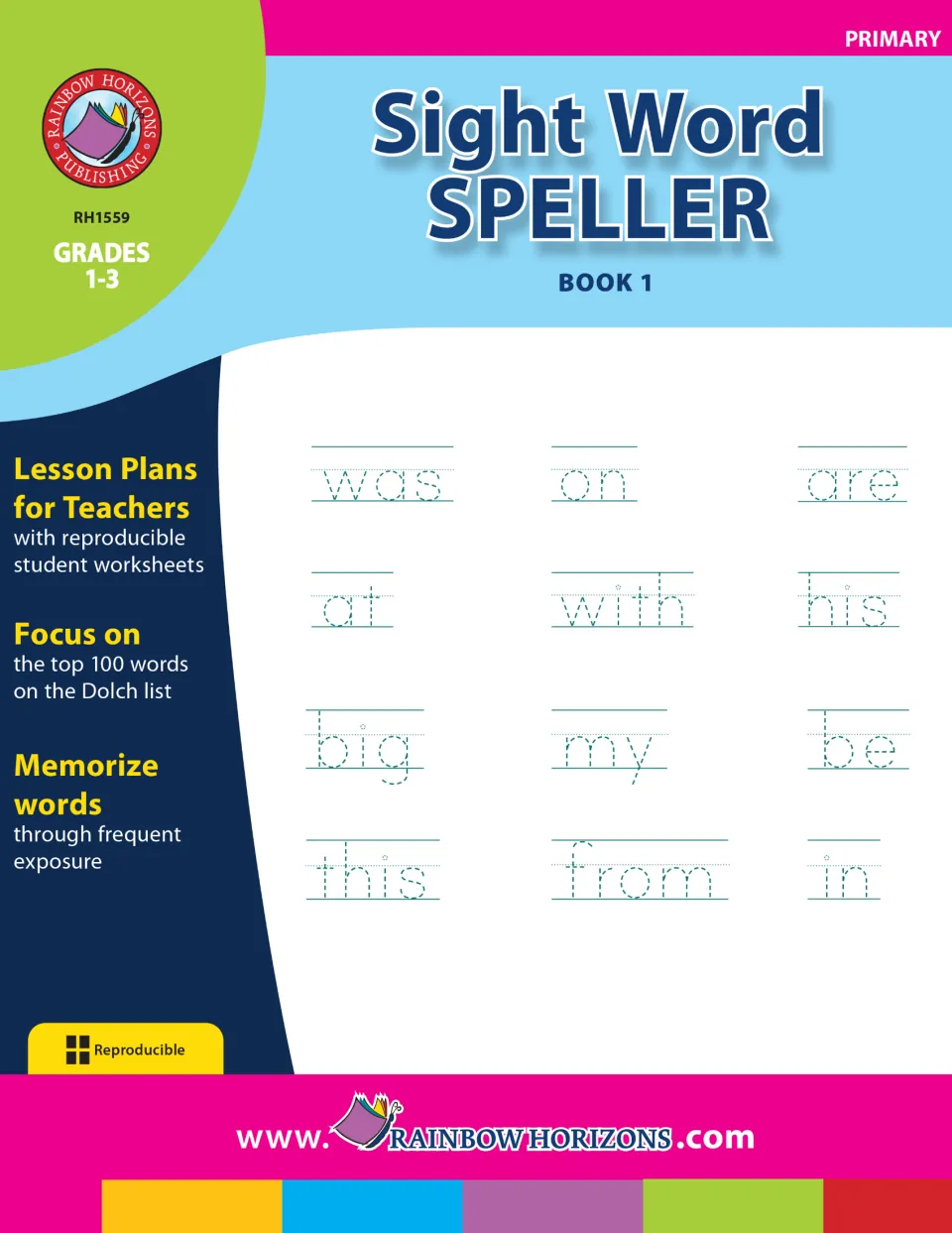 Sight Word Speller - Book 1 cover identifies grades 1–3, reproducible worksheets, and 100 Dolch words.