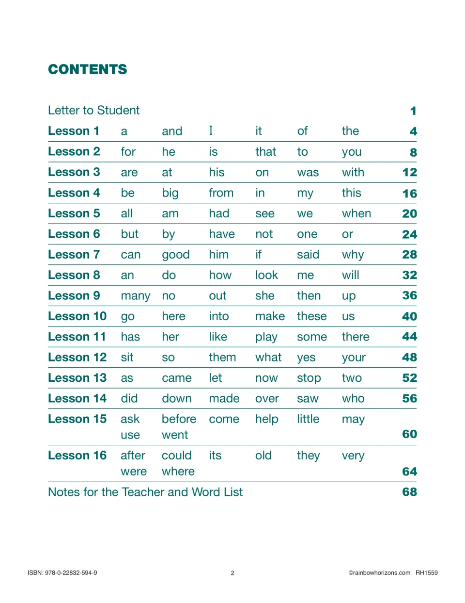 Contents lists word sets for Lessons 1–16, a student letter, and teacher notes with a word list.