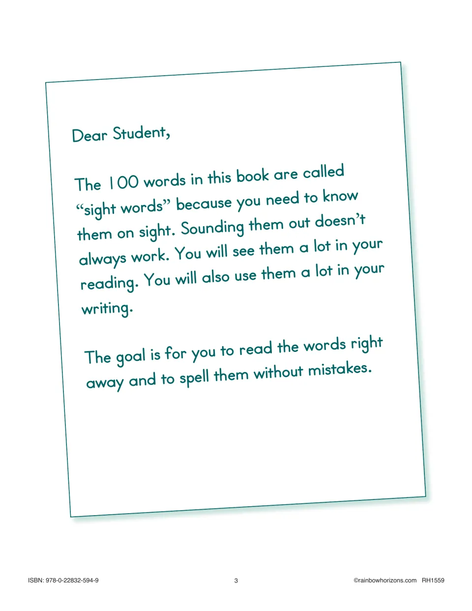 Student letter introduces the book's 100 sight words and the goal of reading and spelling them correctly.