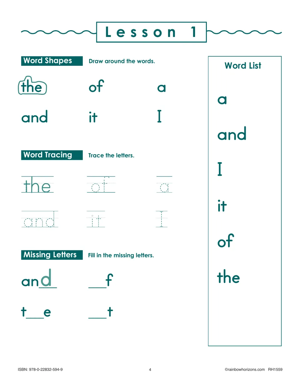 Lesson 1 opens with word shapes, tracing, and missing-letter practice for a, and, I, it, of, and the.